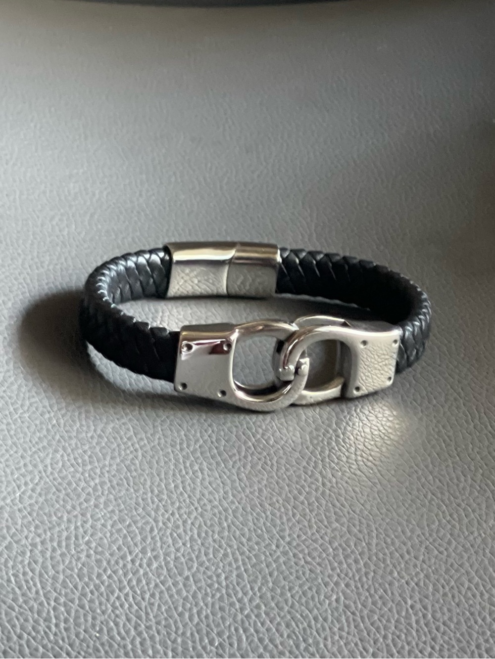 Men's Black Braided Leather Bracelet with Silver Hardware